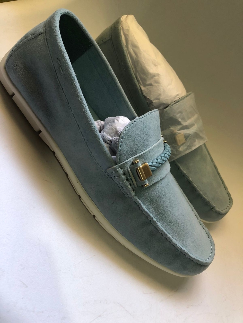 Aldo Men's Teal Suede Loafers with Gold Buckle